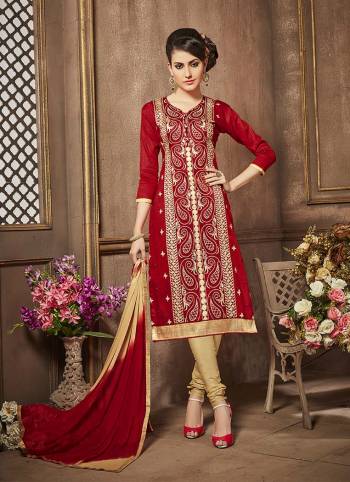 Attract All With This Attractive Red Colored Suit Paired With Beige Colored Bottom And Beige And Red Shaded Chiffon Fabricated Dupatta. This Dress Material Is Durable And Easy To Care For.