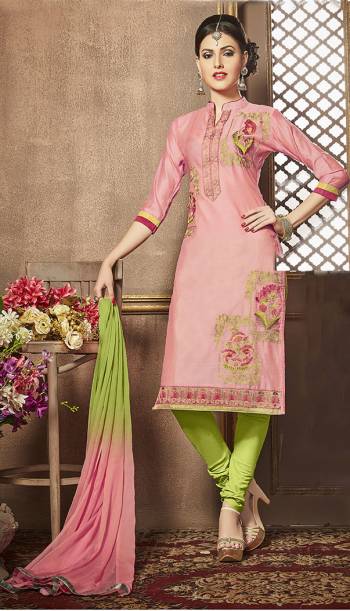 Go Colorful This Season With This Light Pink Colored Suit Paired With Lime Green Colored Bottom And Shaded Dupatta. Get This Dress Material Tailored As Per Your Desired Fit And Comfort. Buy This Casual Suit Now.