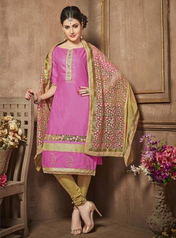 Hues Of Pink Every Lady Want In Her Wardrobe. Grab This Powder Pink Colored Suit Paired With Beige Colored Bottom And Duptta And Get This Dress Material Stitched According To Your Size And Comfort.  Buy This Now.