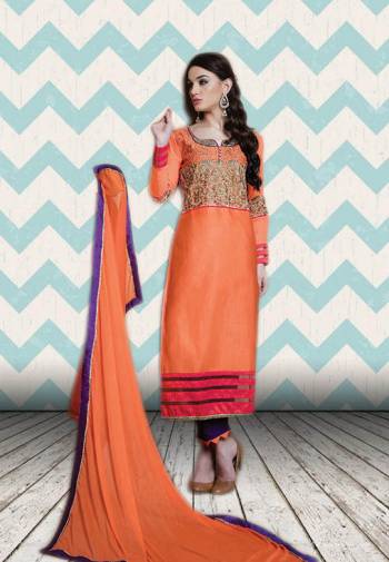 Grab This Orange Colored Semi-Stitched Suit Paired With Contrasting Purple Colored Bottom And Orange Colored Dupatta. This Suit Is Fabricated On Cotton Satin Which Has Little Lustor And Soft Towards Skin Buy It Now.