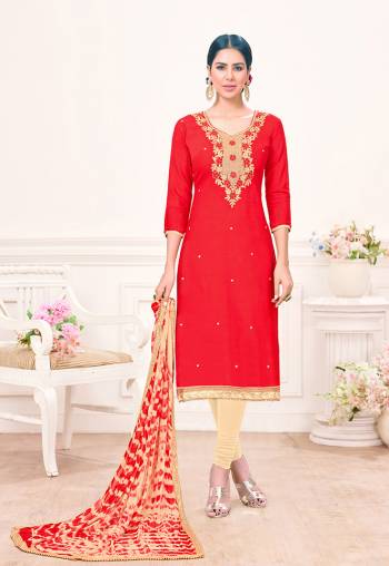 Adorn The Angelic Look With This Red Colored Top Paired With Cream Colred Bottom And Cream And Red Colored Dupatta. Get This Dress Material Stitched As Per Your Desired Fit And Comfort. Buy This Dress Material Now.