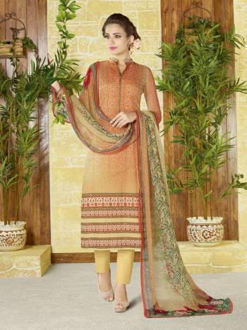 Light Shades In Bright Color Is Always A Beautiful Concept. Grab This Light Orange Colored Suit Paired With Beige Colored Bottom And Multi Colored Dupatta. Its Top And Bottom Are Fabricated On Lawn Cotton Paired With Chiffon Dupatta. Grab This Dress Material Now And Get This Stitched As Per Your Size And Comfort.