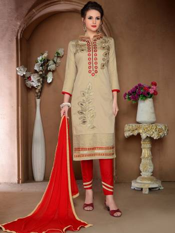 For Your Casual Wear, Grab This Dress Material In Beige Color Paired With Red Colored Bottom And Dupatta. Its Top Is Fabricated On Glaze Cotton Paired With Cotton Bottom And Chiffon Dupatta. Get This Dress Material Stitched As Per Your Desired Fit And Cofmort. Buy It Now.