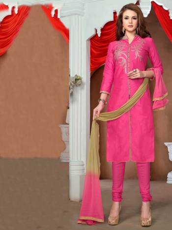 Look Elegant And Beautiful Wearing This Pink Colored Suit Paired With Pink Colored Bottom And Beige And Pink Dupatta. This Dress Material Is Fabricated On Glaze Cotton Paired With Cotton Fabricated Bottom And Chiffon Dupatta. This Pretty Dress Material Is Light In Weight And Easy To Carry All Day Long.