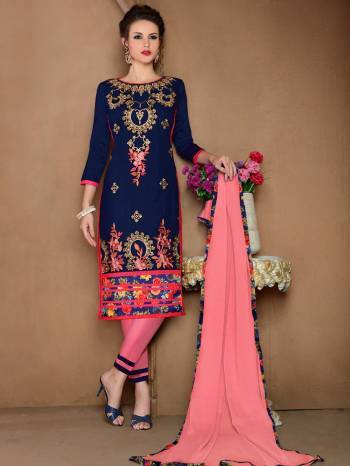 Also For Your Semi-Casual wear, Grab This Straight Cut Suit In Navy Blue Color Paired With Light Pink Colored Bottom And Dupatta. This Dress Material Is Fabricated On Glaze Cotton Paired With Cotton Bottom And Chiffon Dupatta. 