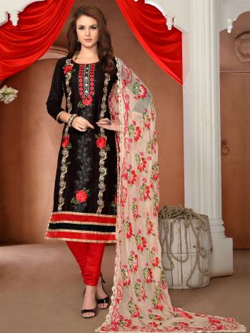 Enhance Your Beauty Wearing This Straight-Cut Suit In Black Color Paired With Red Colored Bottom And Cream Dupatta. This Dress Material Is Fabricated On Glaze Cotton Paired With Cotton Bottom And Chiffon Dupatta. All Three Fabrics Ensures Superb Comfort All Day Long.