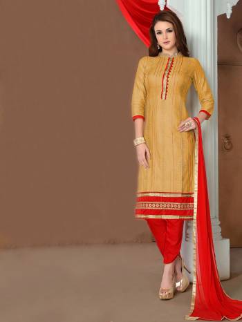 Add Some Casuals To Your Wardrobe With This Dress Material In Golden Yellow Colored Top Paired With Red Colored Bottom And Dupatta. Its Top Is Fabricated On Glaze Cotton Paired With Cotton Bottom And Chiffon. Get This Suit Stitched As Per Your Desired Fit And Comfort. Buy This Dress Material Now.