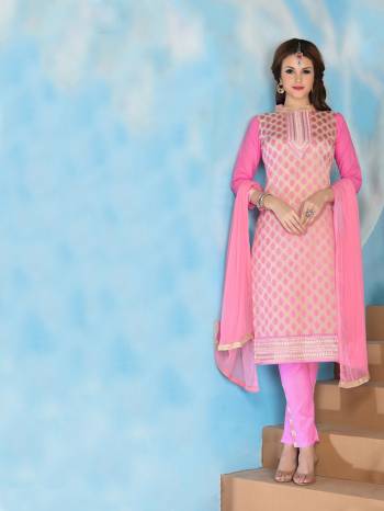 Look Pretty In This Pink Colored Straight-Cut Suit Paired With Pink Colored Bottom And Dupatta. Its Top Is Fabricated On Glaze Cotton Paired With Cotton Bottom And Chiffon Dupatta. Get This Dress Material Stitched As Per Your Desired Fit And Comfort.