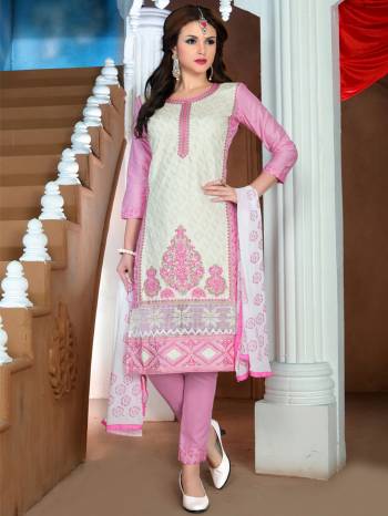 Quite Simple Dress Material Is Here For Your Regular Wear, Grab This White And Pink Colored Straight-Cut Suit Paired With Pink Colored Bottom And Dupatta. Its Top Is Fabricated On Glaze Cotton Paired With Cotton Bottom And Chiffon Dupatta. Get This Stitched As Per Your Desired Fit And Cofmort.