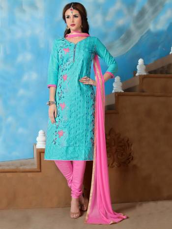 Add This Very Pretty Turquoise Blue Colored Suit Paired With Pink Colored Bottom And Dupatta. Its Top Is Fabricated On Glaze Cotton Paired With Cotton Bottom And Chiffon Dupatta. Get This Dress Material Stitched As Per Your Desired Fit And Comfort.