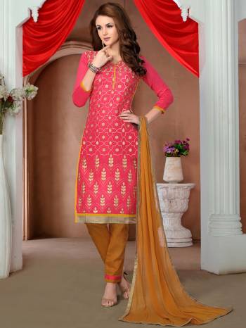 Shine Bright Wearing This Suit In Fuschia Pink Colored Top Paired With Musturd Yellow Colored Bottom And Dupatta. This Dress Material Is Fabricated On Glaze Cotton Paired With Cotton Bottom And Chiffon Dupatta. This Suit Is Light In Weight And Easy To Carry All Day Long.