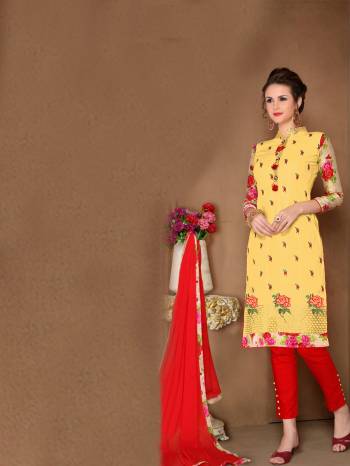 Yellow Color Induces Perfect Summery Appeal To Any Outfit, Grab This Yellow Colored Top Paired With Contrasting Red Colored Bottom And Dupatta. Its Top Is Fabricated On Glaze Cotton Paired With Cotton Bottom And Chiffon Dupatta. It Is Soft Towards Skin And Easy To Carry All Day Long.