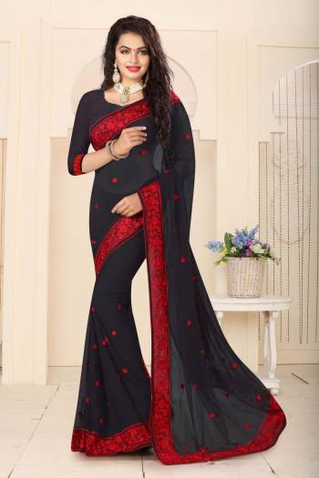 Bold And Beautiful, Grab This Lovely Saree In Blck Color Paired With Black Colored Blouse. This Saree And Blouse Are Fabricated On Georgette Beautified With Thread Embroidery. This Saree And Blouse Are Light In Weight And Easy To Carry All Day Long.