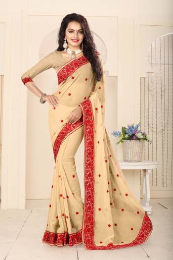 Simple And Elegant, Grab This Simple Saree In Beige Color Paired With Beige Colored Blouse. This Saree And Blouse Are Fabricated On Georgette Beautified With Thread Embroidery All Over The Saree. This Saree And Blouse Are Light In Weight And Easy To Carry All Day Long.