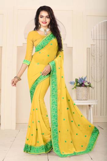 Celebrate This Festive Seaosn With This Very Pretty Yellow Colored Saree Paired With Yellow Colored Blouse. This Saree And Blouse Are Fabricated On Georgette Beautified With Thread Embroidery All Over. This Saree And Blouse Are Light Weight So That It Is Easy Carry throughout The Gala.