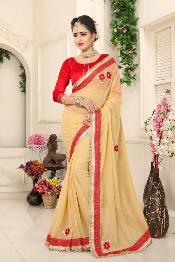 Simple And Elegant, Grab This Pretty Saree In Beige Color Paired With Contrasting Red Colored Blouse. This Saree Is Fabricated On Georgette Paired With Art Silk Fabricated Blouse. This Saree Is Light Weight And Easy To Carry All Day Long.