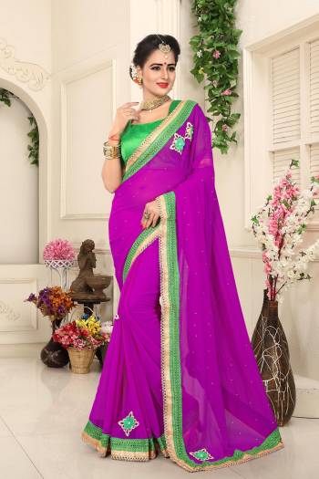 Bright And Attractive, Grab This Saree In Magenta Pink Color Paired With Contrasting Green Colored Blouse. This Saree Is Fabricated On Georgette Paired With Art Silk Fabricated Blouse. It Is Light Weight So That You Can Carry It All Day Long With Ease And Comfort.