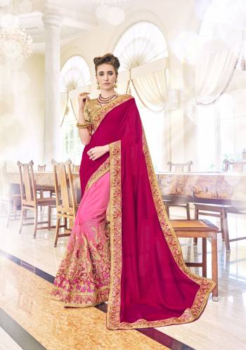 You Will Definitely Steal The Show, Wearing This Pink Colored Saree. Made From Chinon, This Saree Will Stay Very Soft Against Your Skin. Featuring An Attractive Embroidery , Zari Border And Fancy Pattern, This Saree Can Be Worn With Matching Accessories For A Beautiful Look. Wear It Now