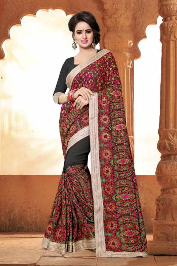 This Beautiful Black Colored Saree Is Graced With A Stone And Kashmiri Work Lace Border Enticed Upon Georgette Fabric Making It A Special Edition To Your Wardrobe . The Gold Yarn Makes It A Fabulous Design. Get This Lovely Saree Now. 