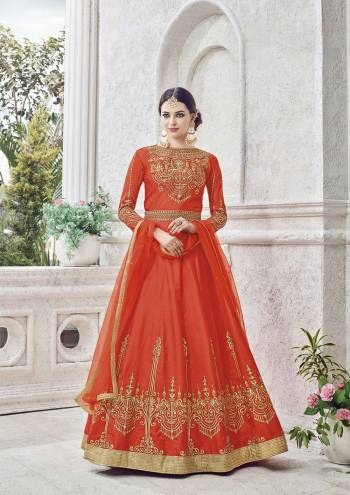 Flaunt a new ethnic style wearing this orange suit Having flared design and sequin detailing with heavy embroidered work on all over the suit, this suit set is a true value for money. Impressing urbane women, this semi-stitched suit set is tailored using silk fabric that makes it comfortable to wear with heels and jhumki earrings.