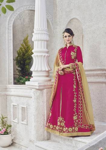 To complement your graceful demeanour, presenting this Dark Pink semi-stitched Salwar Suit set, featuring golden work on the front. Fashioned from  silk fabric, this set will provide you with unmatched all day comfort. Just pair it with high heels.