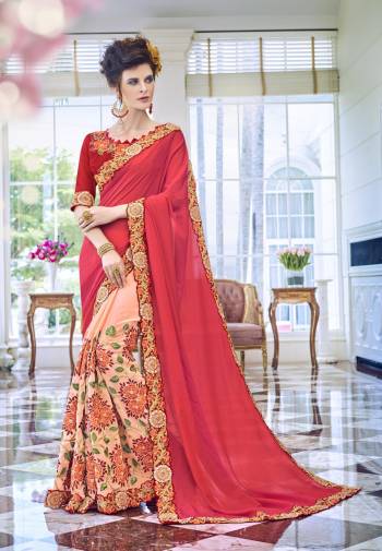 Colors Add Beauty To Any Attire You Wear. So Grab This Lovely Saree In Crimson Red And Peach Color Paired With Contrasting Red Colored Blouse. This Saree Is Fabircated On chiffon And Georgette Paired With Art Silk Fabricated Blouse. It Is Beautified With Contrasting Embroidery Over The Designer Saree. buy It Now.