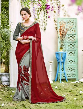 Get Ready For The Next Party At your Place With This Designer Saree In Red And Grey Color Paired With Dark Grey Colored Blouse. This Saree Is Fabricated On Georgette Paired With Art Silk Fabricated Blouse. Its Color And Fabrics Will Earn You Lots Of Compliments From Onlookers.