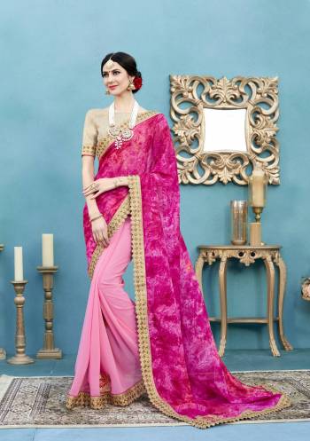 Look Pretty Wearing This Saree In Pink Color Paired With Beige Colored Blouse. This Saree Is Fabricated On Georgette Paired With Art Silk Fabricated Blouse. It Is Beautified With Prints And Embroidery. Buy This Designer Saree Now.