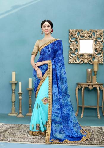 Go With This Shades Of Blue With This Saree In Two Shades Of Blue Paired With Beige Colored Blouse. This Saree Is Fabricated On Georgette Paired With Art Silk Fabricated Blouse. It Is Beautified With Prints And Embroidery And Ensures Superb Comfort All Day Long.