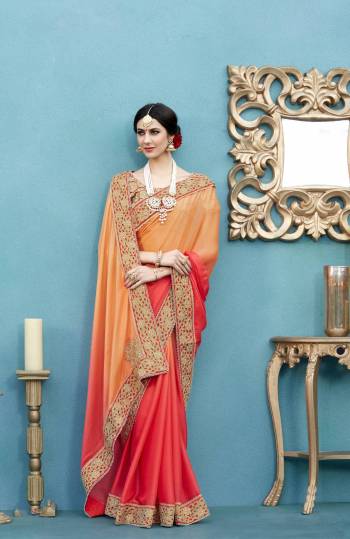 Orange And Red Color Induces Perefct Summery Appeal To Any Outfit So Grab This Saree In Orange And Red Color Paired With Red Colored Blouse. This Saree Is Fabricated On Georgette Paired With Art Silk Fabricated Blouse. It Is Beautified With Attractive Lace Border And Embroidered Blouse. Buy It Now.