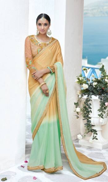 Grab This Designer Saree In Beige And Mint Green Color Paired With Beige Colored Blouse. This Saree Is Fabricated On Georgette Paired With Art Silk And Net Fabricated Blouse. Its Blouse Has Heavy Embroidery With Lace Border Over The Saree. This Saree Is Light Weight And Easy To Carry All Day Long.