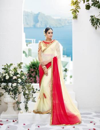 Shades Are In This Season So Grab This Shaded Saree In Off-White And Red Color Paired With Off-White Colored Blouse. This Saree Is Fabricated On Georgette And Net Paired With Art Silk And Net Fabricated Blouse. It Is Soft Towards Skin and easy To Carry all Day Long.