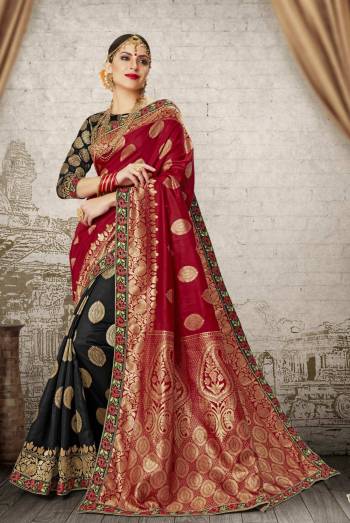 Evergreen Combination In Saree Is Here With This Beautiful Saree In Red And Black Color Paired With Black Colored Blouse. This Saree And Blouse Are Fabricated On Banarasi Art Silk Beautified With Embroidered Lace Border And Weave All Over The Saree. It Is Light Weight And Easy To Carry All Day Long.