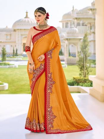 All the Fashionable women will surely like to step out in style wearing this orange color two-tone silk chiffon saree. this gorgeous saree featuring a beautiful mix of designs. look gorgeous at an upcoming any occasion wearing the saree. Its attractive color and designer patch, stone, floral design work over the attire & contrast hemline adds to the look. Comes along with a contrast unstitched blouse.