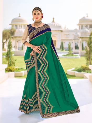 Presenting this teal green color georgette saree. Ideal for party, festive & social gatherings. this gorgeous saree featuring a beautiful mix of designs. Its attractive color and designer patch, stone, floral design work over the attire & contrast hemline adds to the look. Comes along with a contrast unstitched blouse.