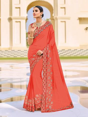 Flaunt a new ethnic look wearing this orange color two-tone chiffon pattern saree. this party wear saree won't fail to impress everyone around you. this gorgeous saree featuring a beautiful mix of designs. Its attractive color and designer patch, stone, floral design work over the attire & contrast hemline adds to the look. Comes along with a contrast unstitched blouse.