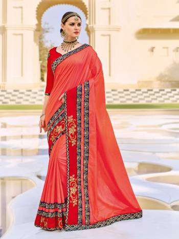 Look pretty like never before wearing this red color two-tone silk fabrics saree. this gorgeous saree featuring a beautiful mix of designs. look gorgeous at an upcoming any occasion wearing the saree. Its attractive color and designer patch, stone, floral design work over the attire & contrast hemline adds to the look. Comes along with a contrast unstitched blouse.