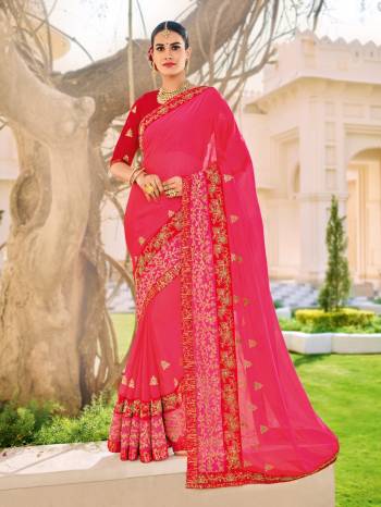 Impress everyone with your amazing Trendy look by draping this dark pink color two-tone chiffon pattern saree. this party wear saree won't fail to impress everyone around you. this gorgeous saree featuring a beautiful mix of designs. Its attractive color and designer patch, stone, floral design work over the attire & contrast hemline adds to the look. Comes along with a contrast unstitched blouse.