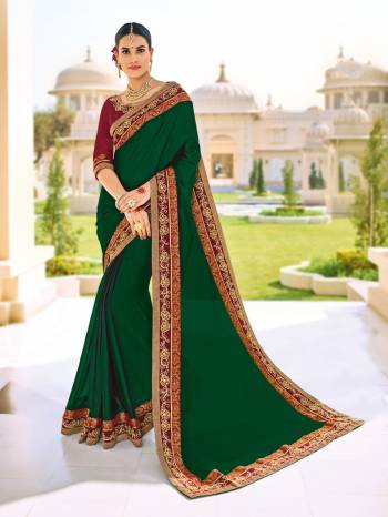 Presenting this dark green color silk chiffon saree. look gorgeous at an upcoming any occasion wearing the saree. this party wear saree won't fail to impress everyone around you. Its attractive color and designer patch, stone, floral design work over the attire & contrast hemline adds to the look. Comes along with a contrast unstitched blouse.