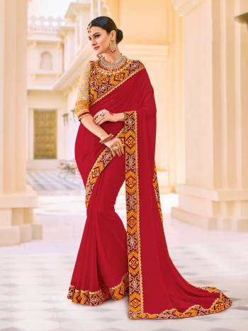 The fabulous pattern makes this red color georgette saree. Ideal for party, festive & social gatherings. this gorgeous saree featuring a beautiful mix of designs. Its attractive color and designer patch, stone, floral design work over the attire & contrast hemline adds to the look. Comes along with a contrast unstitched blouse.