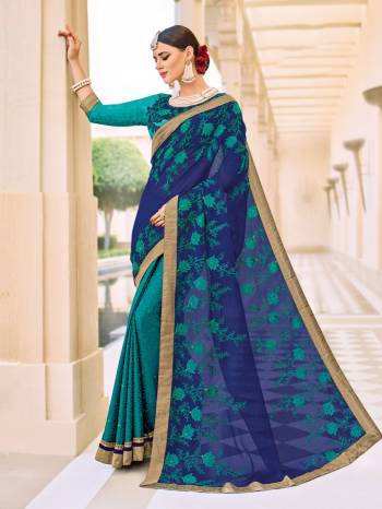 This royal blue and blue color pallu- chiffon pattern with heavy embroidery work / skirt- two-tone Jacquard saree. Ideal for party, festive & social gatherings. this gorgeous saree featuring a beautiful mix of designs. Its attractive color and designer patch, stone, floral design work over the attire & contrast hemline adds to the look. Comes along with a contrast unstitched blouse.