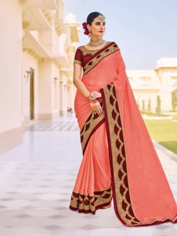 Change your wardrobe and get classier outfits like this gorgeous Peach color silk chiffon saree. Ideal for party, festive & social gatherings. this gorgeous saree featuring a beautiful mix of designs. Its attractive color and designer patch, stone, floral design work over the attire & contrast hemline adds to the look. Comes along with a contrast unstitched blouse.