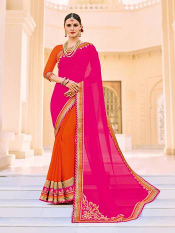 Gorgeously mesmerizing is what you will look at the next wedding gala wearing this beautiful fuschia pink and orange color pallu- georgette / skirt- crape chiffon saree. Ideal for party, festive & social gatherings. this gorgeous saree featuring a beautiful mix of designs. Its attractive color and designer patch, stone, floral design work over the attire & contrast hemline adds to the look. Comes along with a contrast unstitched blouse.