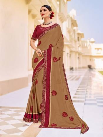 Attractively Gorgeous mesmerizing is what you will look at the next wedding gala wearing this beautiful Light Brown color two-tone moss chiffon saree. Ideal for party, festive & social gatherings. this gorgeous saree featuring a beautiful mix of designs. Its attractive color and designer patch, stone, floral design work over the attire & contrast hemline adds to the look. Comes along with a contrast unstitched blouse.