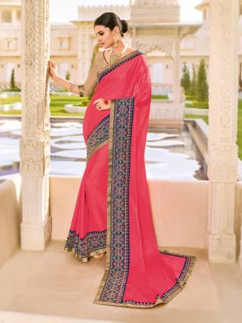 You Look elegant and stylish this festive season by draping this pink color two-tone bright georgette saree. Ideal for party, festive & social gatherings. this gorgeous saree featuring a beautiful mix of designs. Its attractive color and designer patch, moti, stone, floral design work over the attire & contrast hemline adds to the look. Comes along with a contrast unstitched blouse.