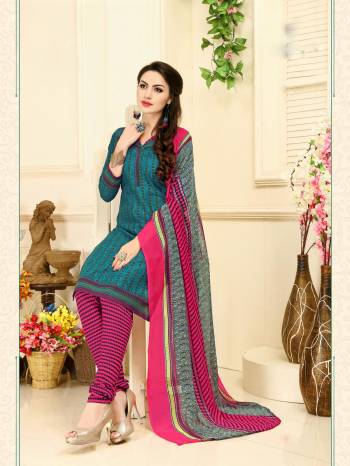 If Those Readymade Suit Does Not Lend You The Desires Comfort than Grab This Dress Material In Teal Blue Colored Top Paired With Contrasting Pink Colored bottom And Multi colored Dupatta. Its Top And Bottom Are Fabricated On Cotton Paired With chiffon Dupatta. Get This Stitched As Per Your Desired Fit And  Comfort.