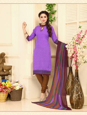 Add Some Casuals to Your Wardrobe With This Dress Material In Purple Color Paired With Bronw Colored Bottom And Dupatta. Its Top And Bottom Are Fabricated On Cotton Paired With Chiffon Dupatta. Get This Stitched As Per Your Desired Fit And Comfort.