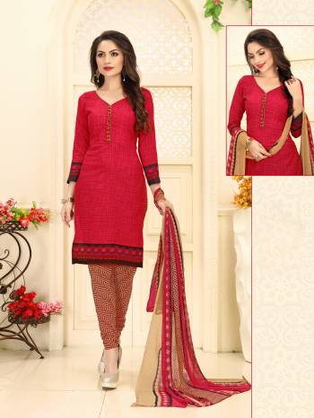 Grab This Beautiful Suit In Dark Pink Color Paired With Beige Colored Bottom And Multi colored Dupatta. Its Top And Bottom And Bottom Are Fabricated On Cotton Paired With Chiffon Dupatta. Het This Dress Material Stitched As Per Your Desired Fit And Comfort.