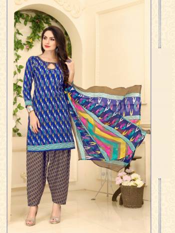 Here Is A Trendy Dress Material In Blue color Paired With Beige Colored Bottom And Multi Colored Dupatta. Its Top And Bottom Are Fabricated On Cotton Paired With Chiffon Dupatta. Get This Stitched As Per Your Desired Fit And Comfort.