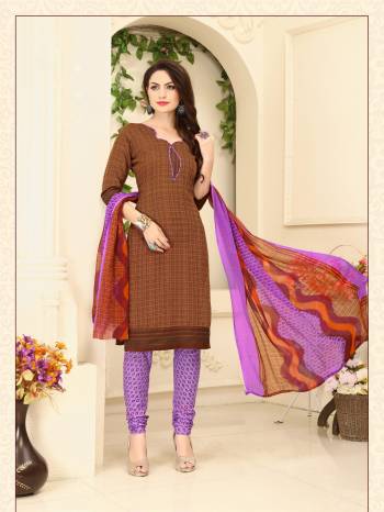 Comfort Comes First In Your Casuals So Grab This Dress Material and Get This Stitched As Per Your Comfort For Your Casual Wear. Its Top Is In Brown Color Paired With Light Purple Colored Bottom And Multi Colored Dupatta. Its Top And Bottom Are Fabricated On Cotton Paired With Chiffon Dupatta.